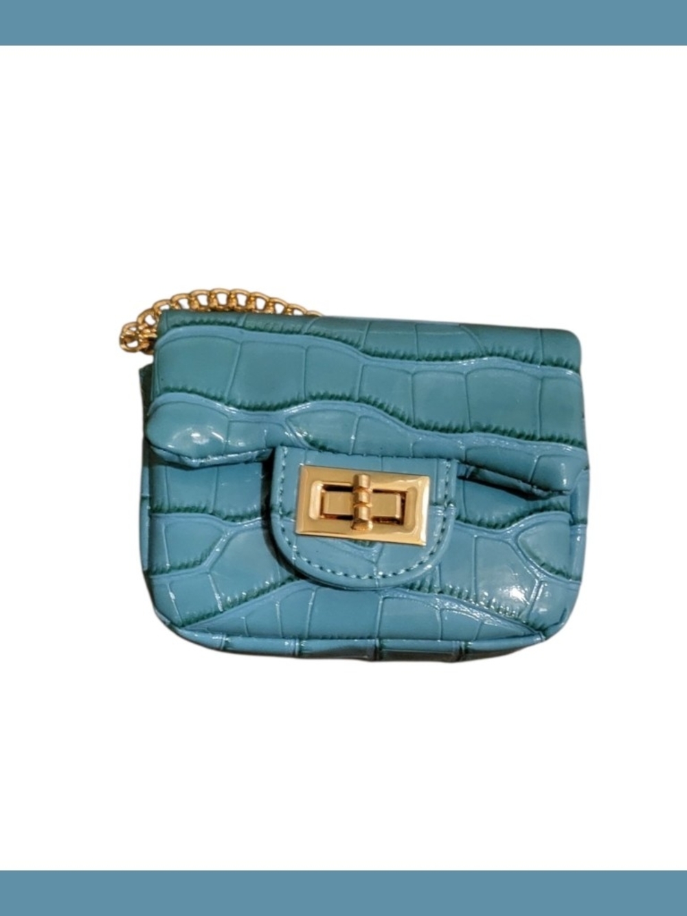 Fashion Nova Teal Croc-Embossed Mini Chain Bag with Gold Hardware